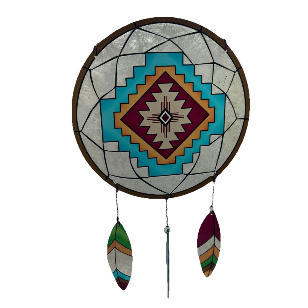 Native American themed Large‎ stained glass Dreamcatcher 12 inch diameter